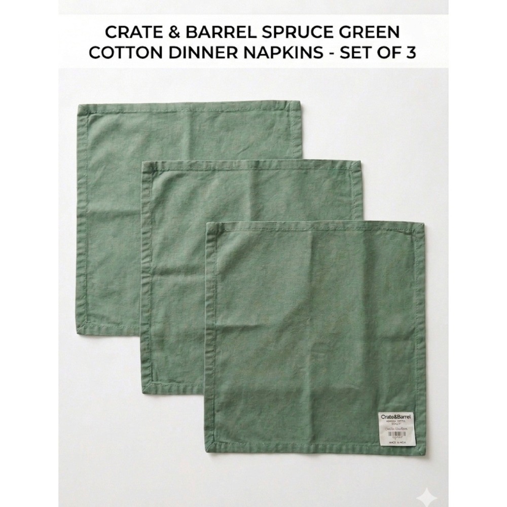 Crate & Barrel Spruce Green Cotton Dinner Napkins 21x21 Square Set of 3 642-307